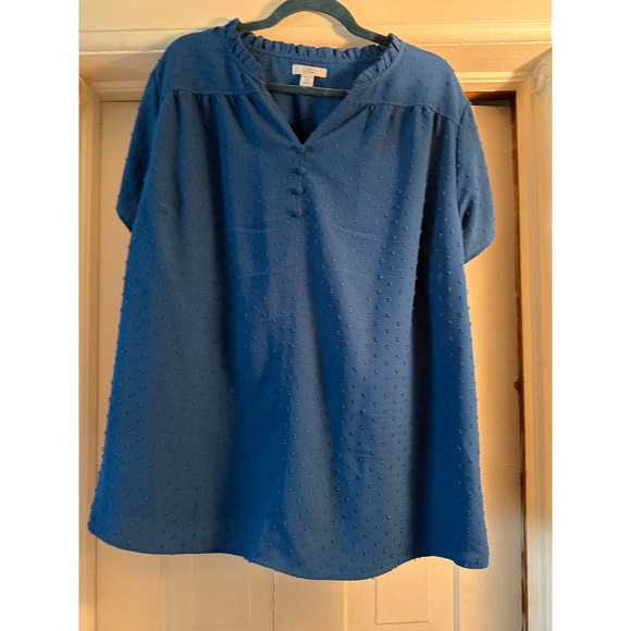 croft & barrow Tops - Croft & Barrow Womens Plus 2X Beta Blue Clip Dot Ruffle Neck Blouse WC03W941PN